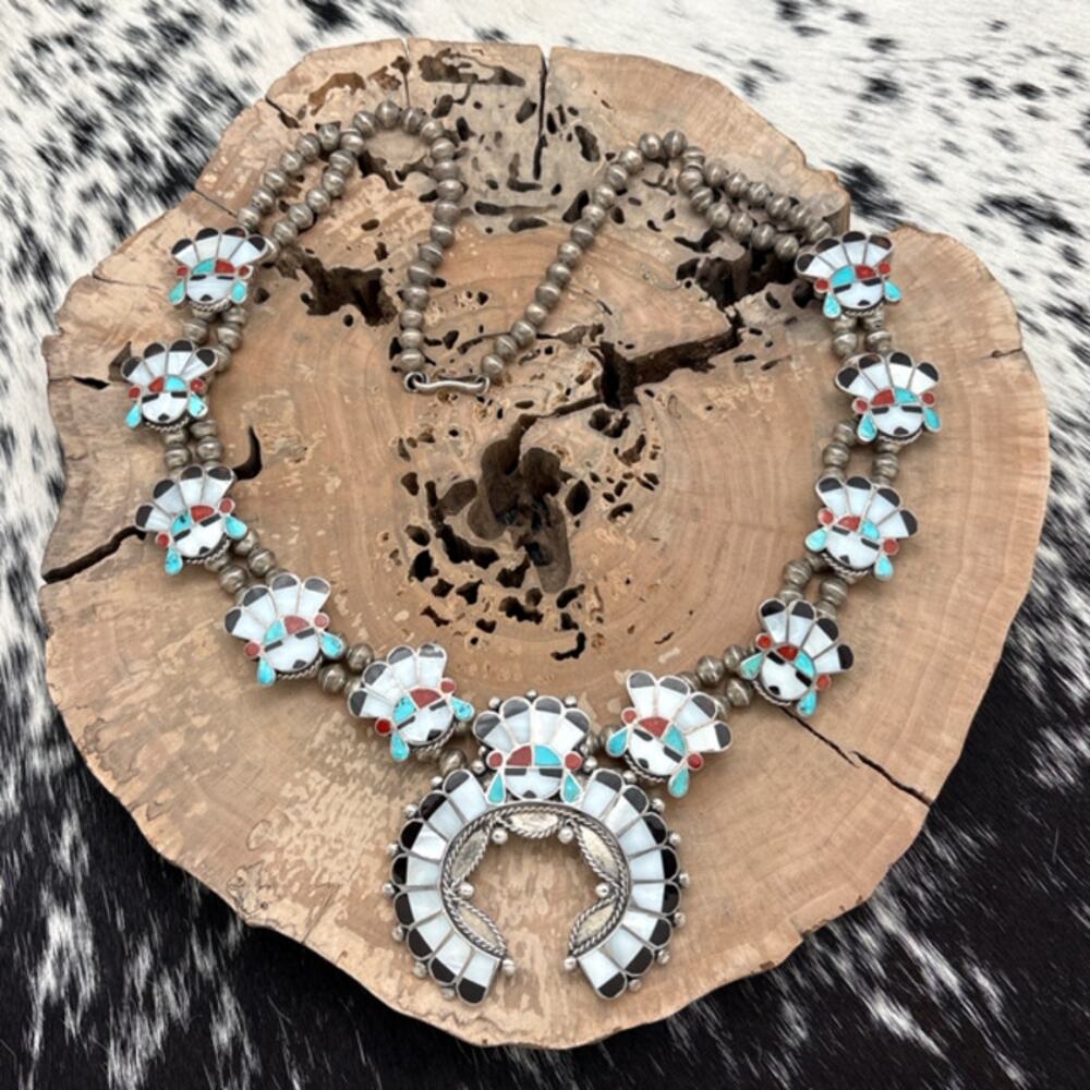 1950s Native American ZUNI Sterling Multi-Stone Sunface Station Necklace Naja